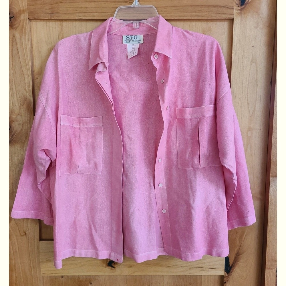 Vintage‎ SFO 100% Linen MEDIUM Pink Button Shirt Top 3/4 Sleeve Girly Feminine M